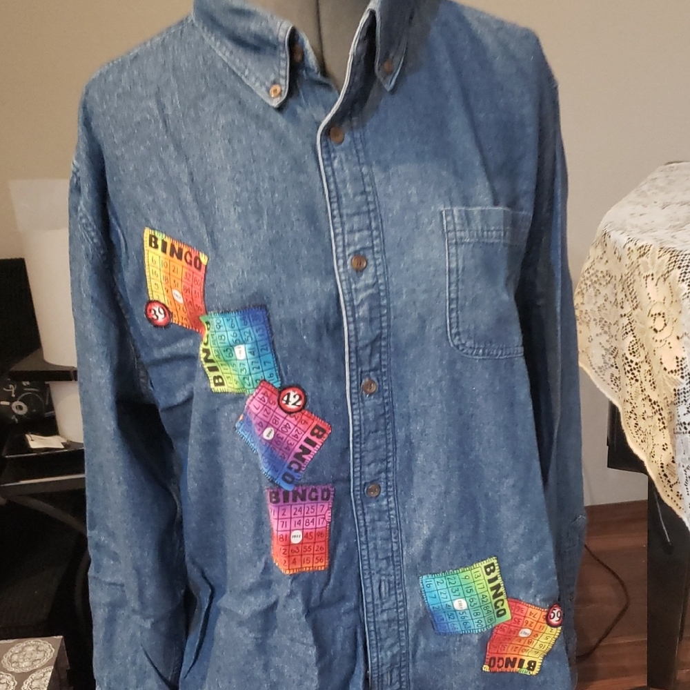 Bingo Shirt Croft&Barrow Denim Blouse with Colorful Bingo Patches